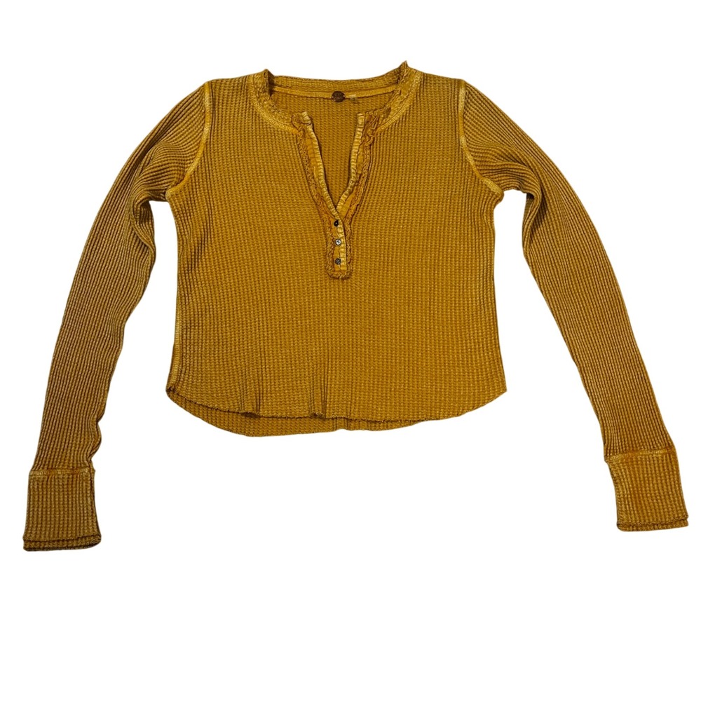 Free People FP One Colt Thermal Waffle Knit Ruffle Henley Top M Mustard Yellow